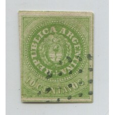 ARGENTINA 1862 GJ 11 ESCUDITO DE 10 Cts.ESTAMPILLA DE MUY BUENA CALIDAD, CON SUS 4 MARGENES Y FINAMENTE USADA U$ 275